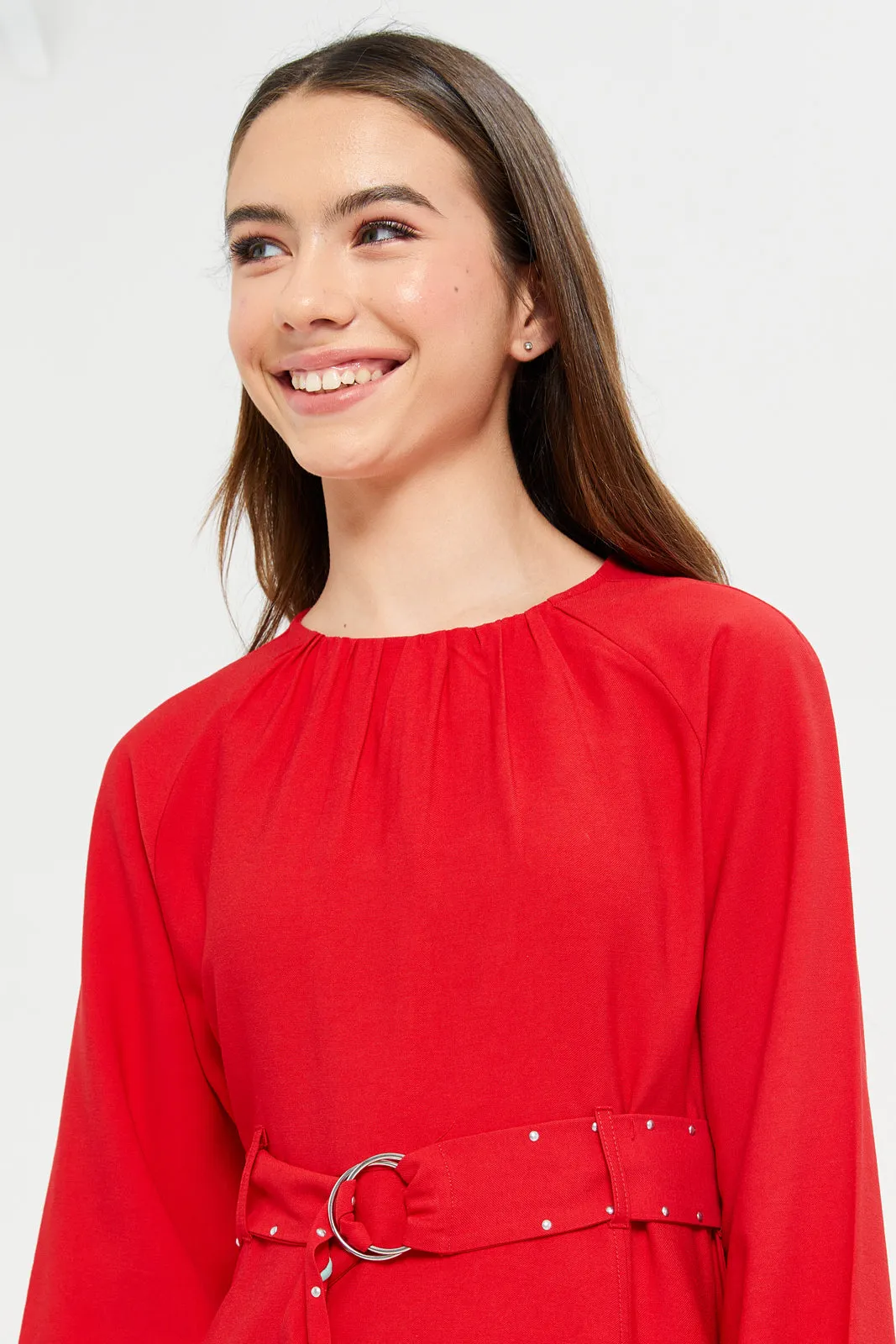 Senior Girls Red Long Sleeve Twill Dress With Studded Belt