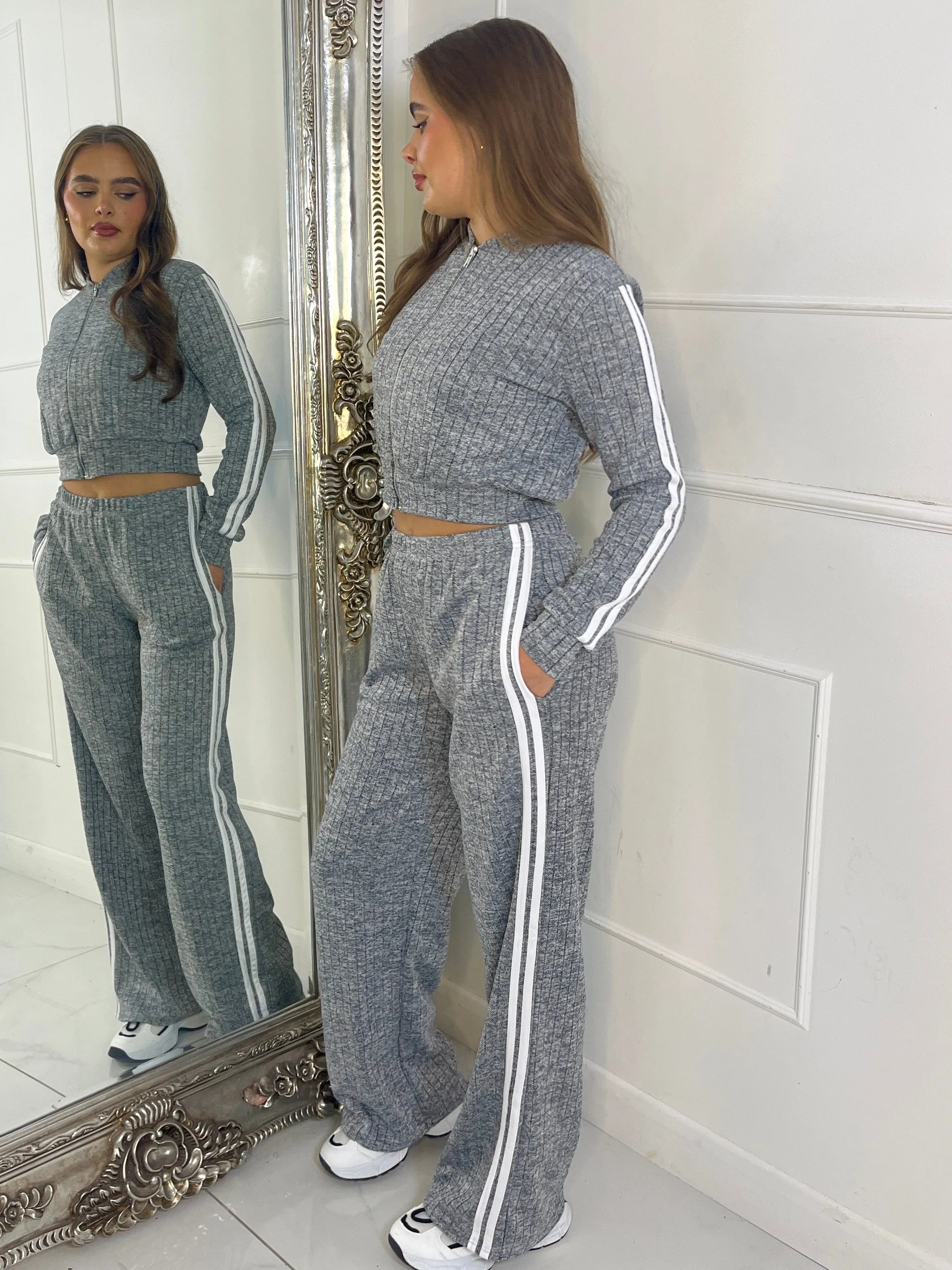 Stripe Side Detail Flares and Zip Jacket Set - Heavy Rib Grey