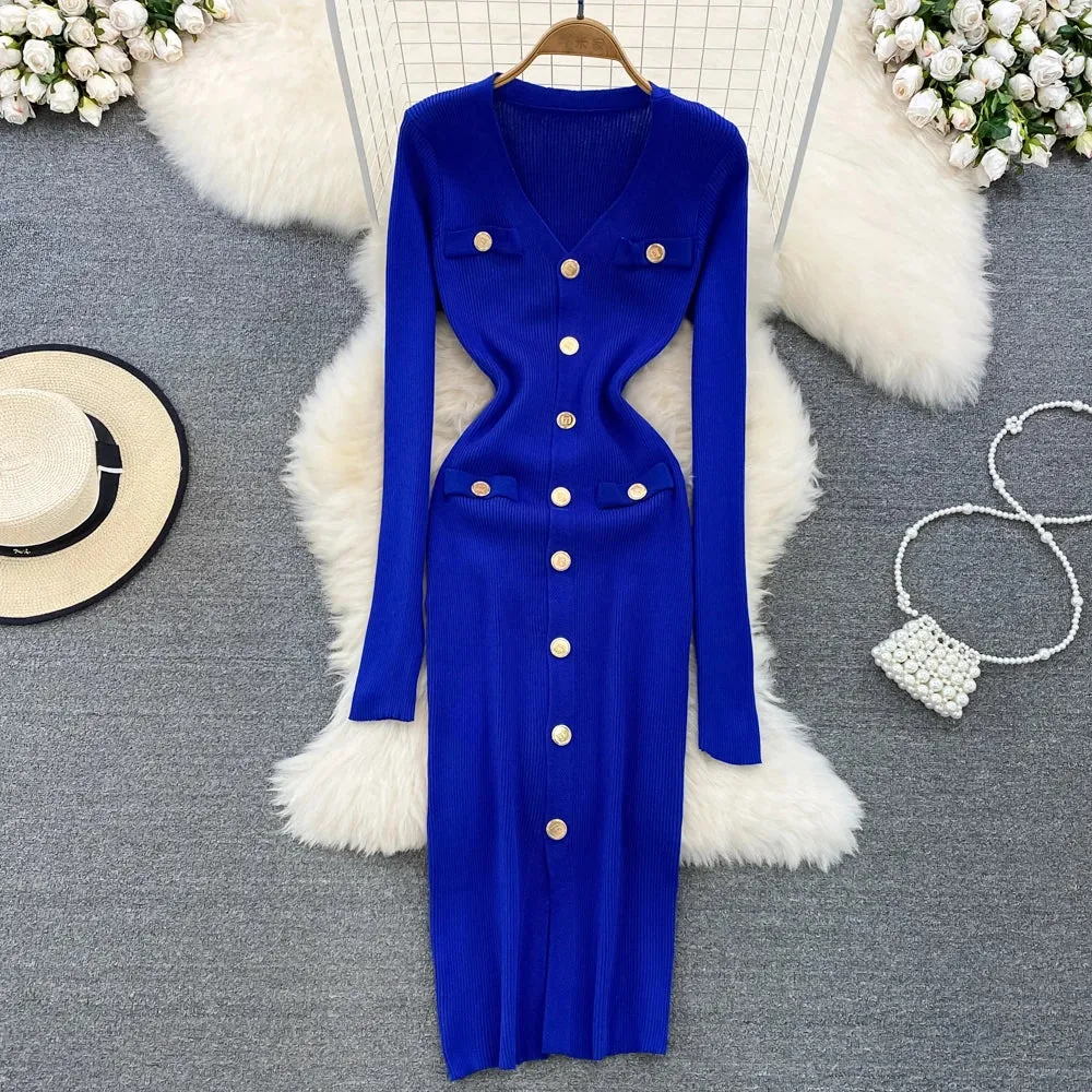 V-neck Long Sleeve Bodycon Dress