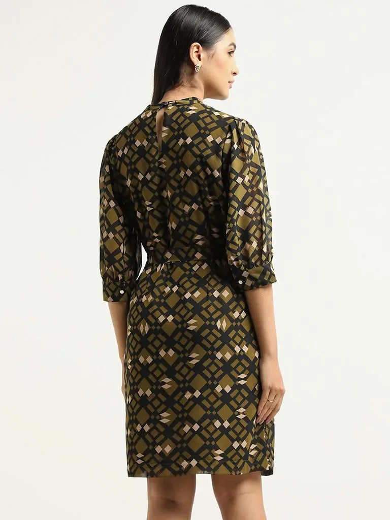 Wardrobe Green Printed Dress with Sash Belt