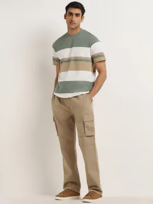 WES Casuals Beige Relaxed-Fit Mid-Rise Cotton Blend Pants