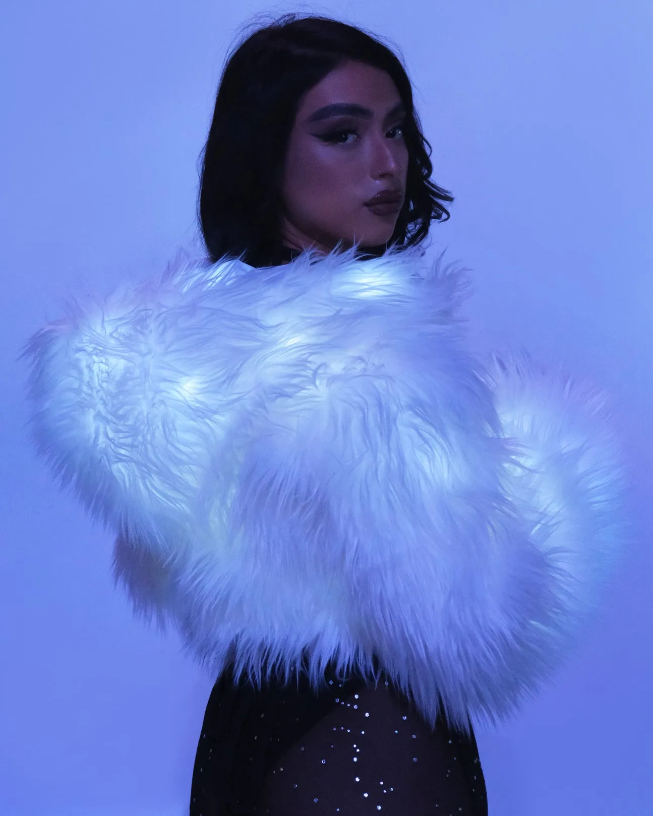 White LED White Furry Cropped Hooded Jacket