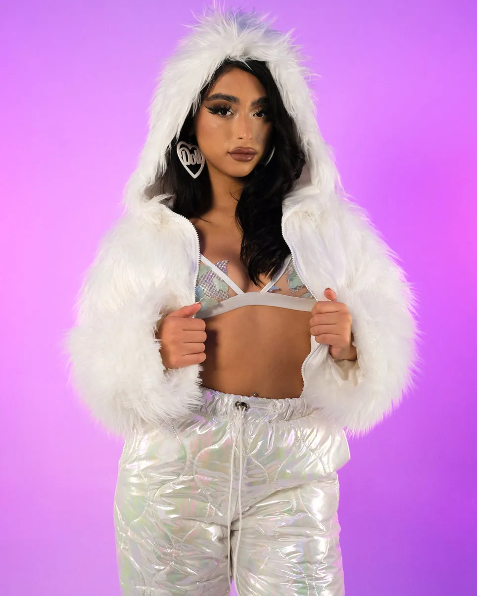 White LED White Furry Cropped Hooded Jacket