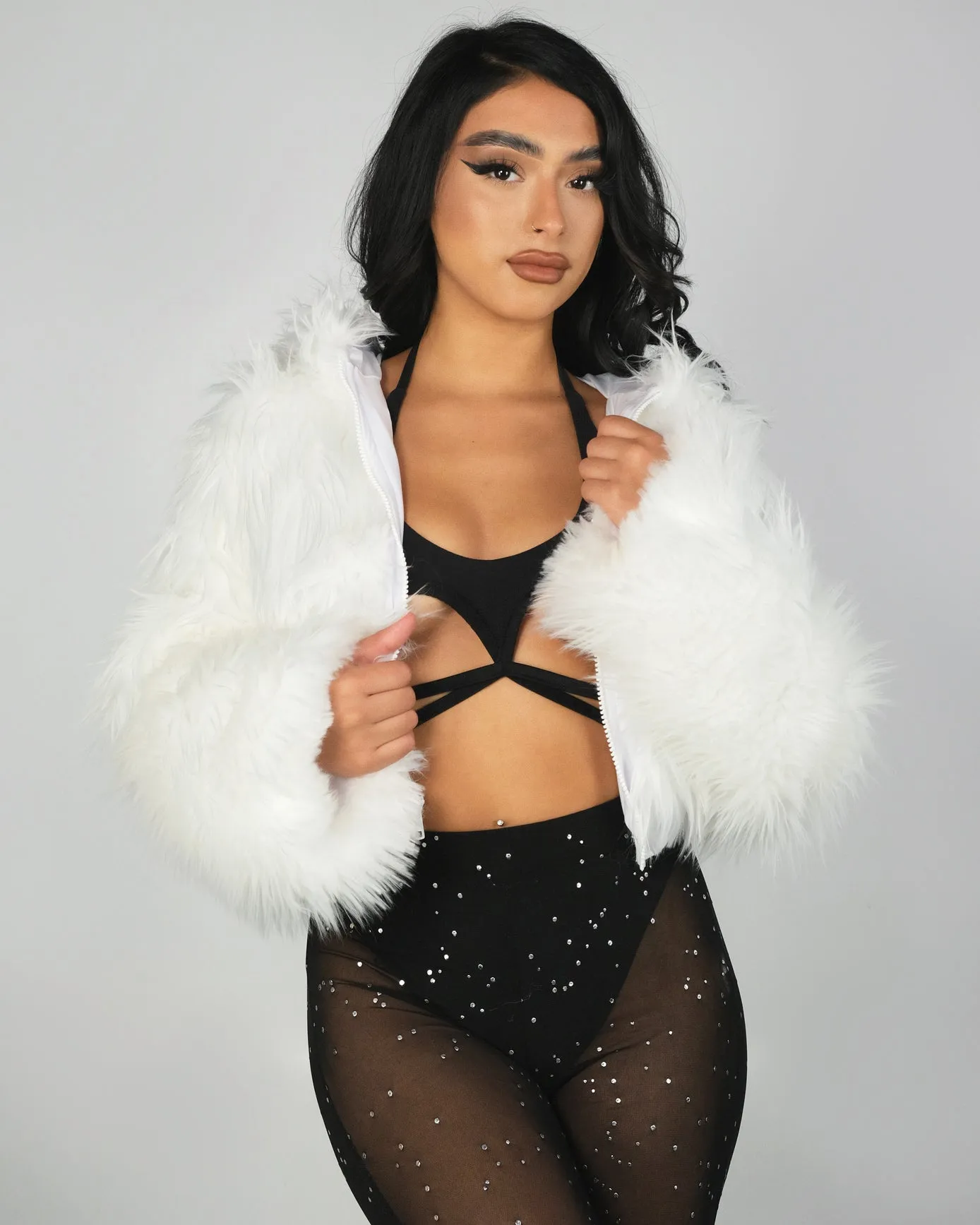 White LED White Furry Cropped Hooded Jacket