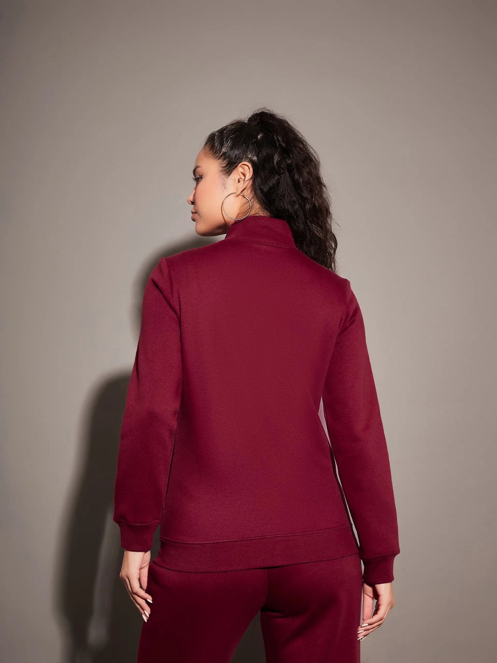 Women Maroon Fleece Zipper Jacket