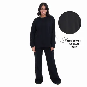 Women Winter Pajama Set Black jacquard Oversized Sweatshirt   Pants