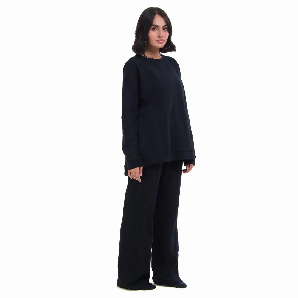 Women Winter Pajama Set Black jacquard Oversized Sweatshirt   Pants