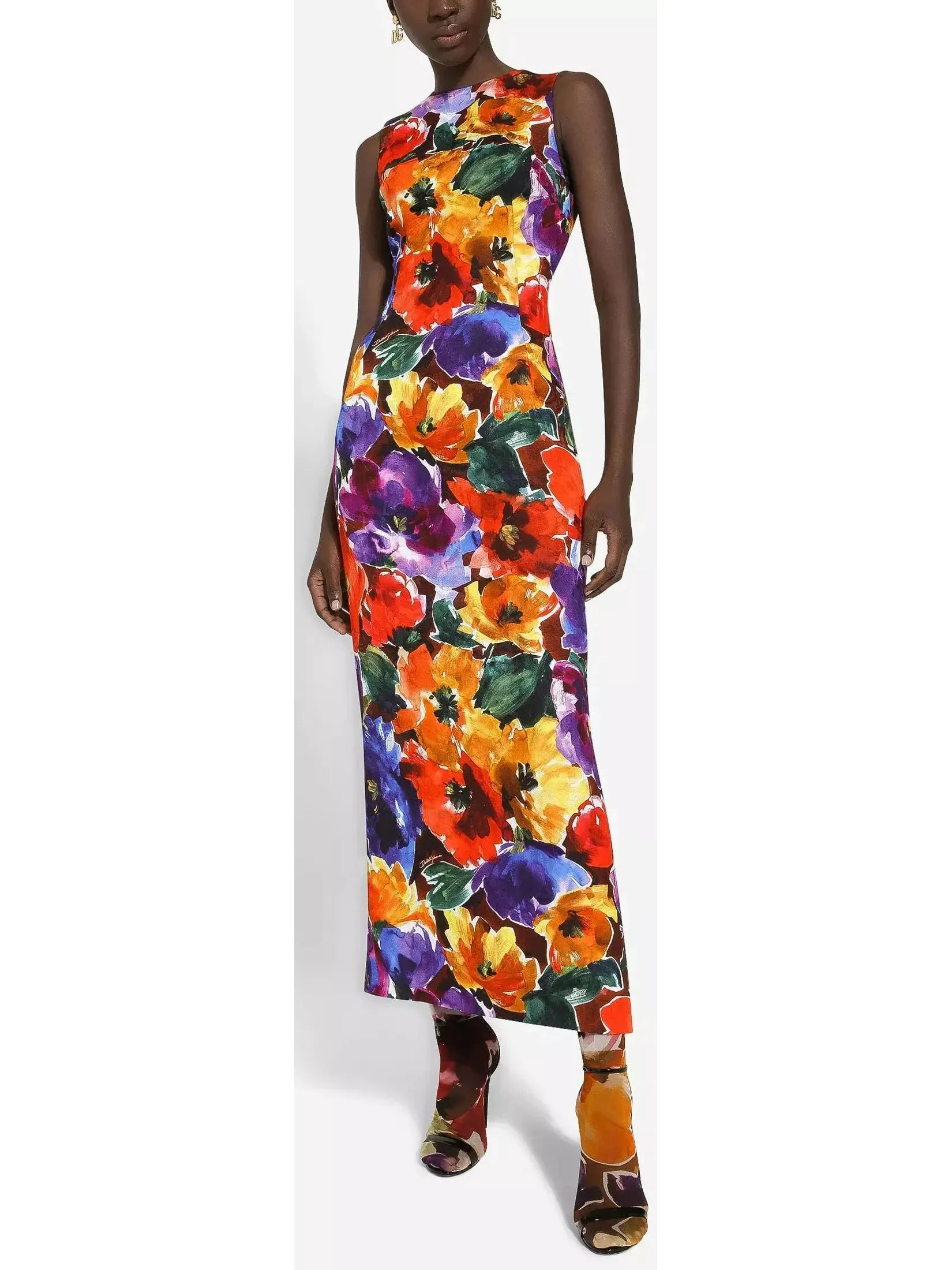 Women’s Abstract Anemone Flower Print Long Brocade Dress