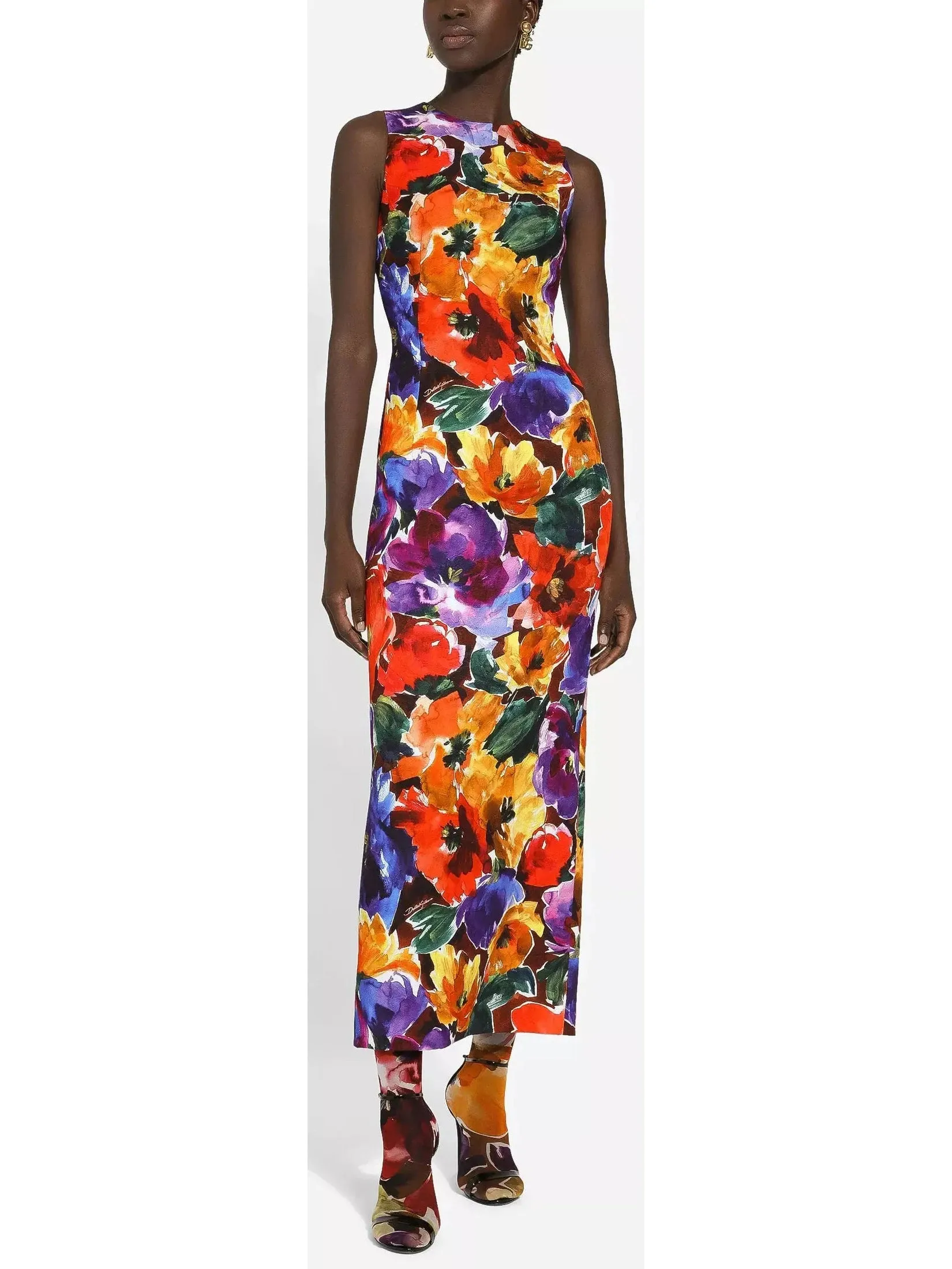 Women’s Abstract Anemone Flower Print Long Brocade Dress