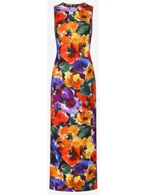 Women’s Abstract Anemone Flower Print Long Brocade Dress