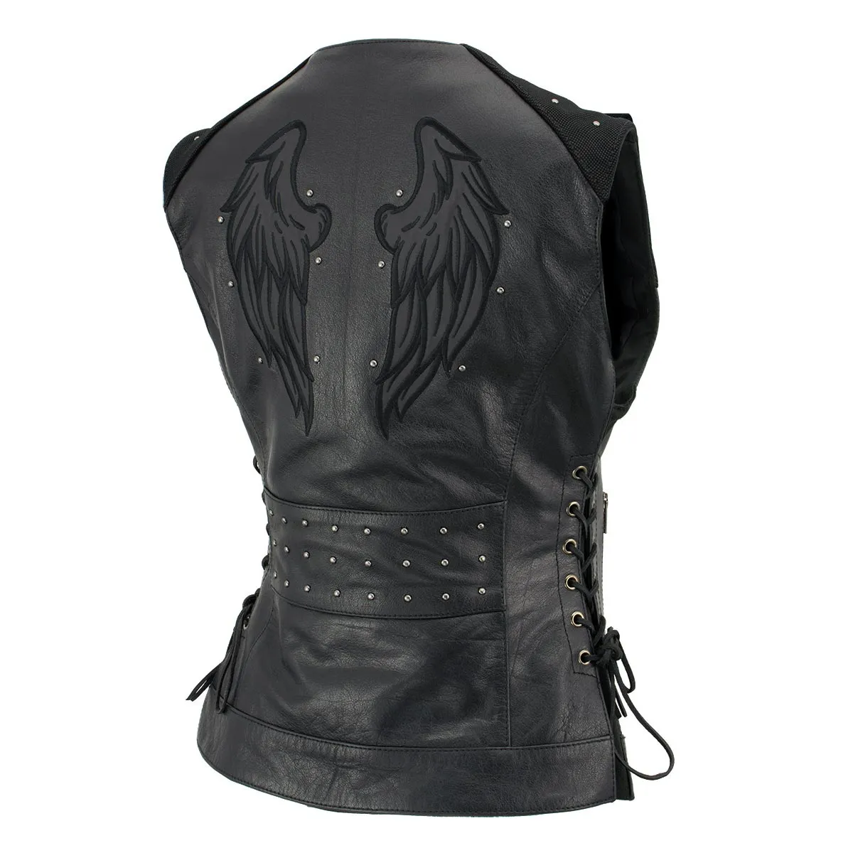 Xelement XS24001 Women's ‘Winged’ Black Studded Motorcycle Rider Leather Vest with Reflective Wings